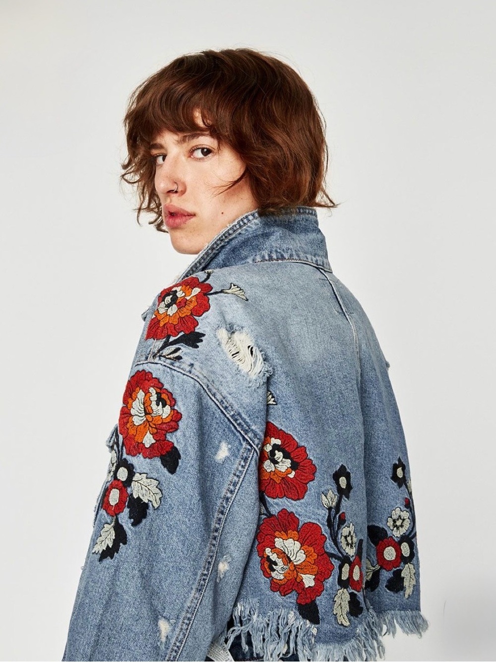 ZARA Light Blue Denim Jacket with Red Floral Embroidery